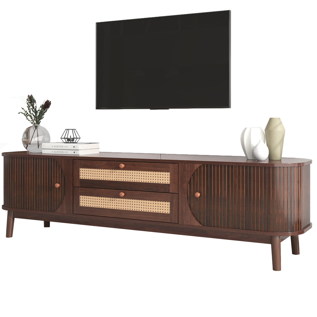 Rattan Tv Stand For Tvs Up To 75'', Modern Farmhouse Media Console, Entertainment Center With Solid Wood Legs, Tv Cabinet For Living Room,Home Theatre Natural Wood Brown Primary Living Space 60 69 Inches Solid Wood Mdf