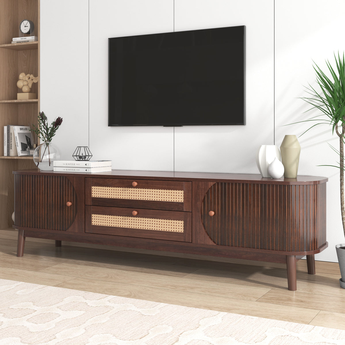 Rattan Tv Stand For Tvs Up To 75'', Modern Farmhouse Media Console, Entertainment Center With Solid Wood Legs, Tv Cabinet For Living Room,Home Theatre Natural Wood Brown Primary Living Space 60 69 Inches Solid Wood Mdf
