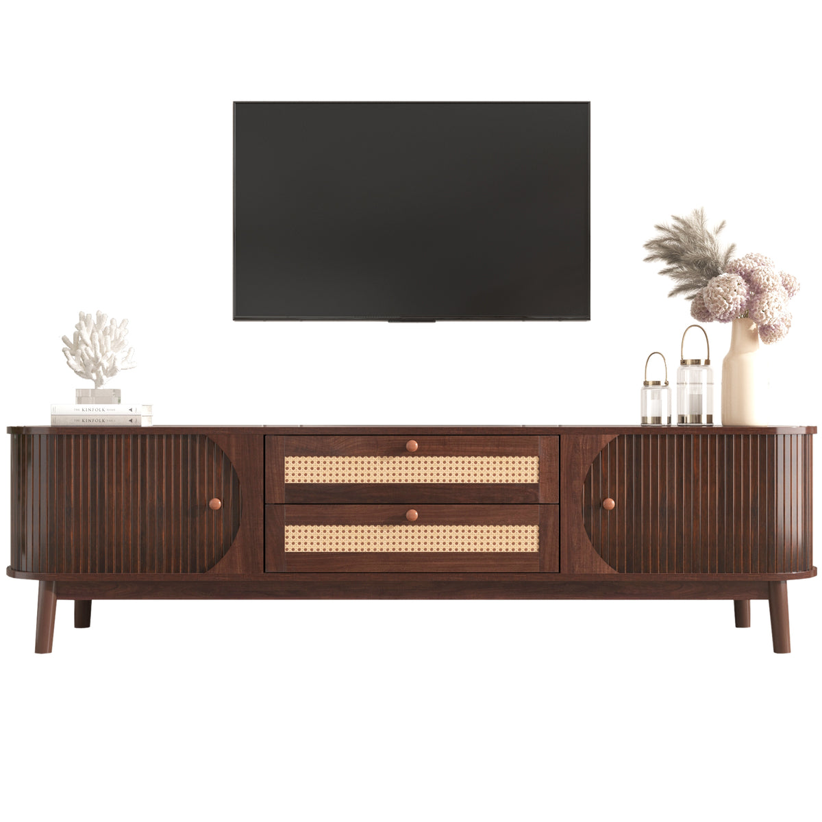 Rattan Tv Stand For Tvs Up To 75'', Modern Farmhouse Media Console, Entertainment Center With Solid Wood Legs, Tv Cabinet For Living Room,Home Theatre Natural Wood Brown Primary Living Space 60 69 Inches Solid Wood Mdf