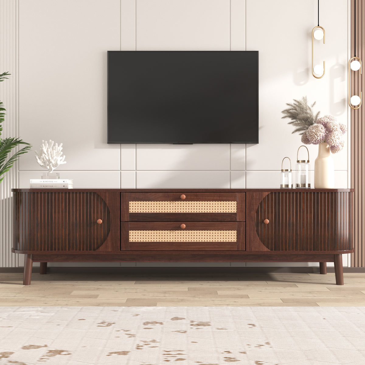 Rattan Tv Stand For Tvs Up To 75'', Modern Farmhouse Media Console, Entertainment Center With Solid Wood Legs, Tv Cabinet For Living Room,Home Theatre Natural Wood Brown Primary Living Space 60 69 Inches Solid Wood Mdf