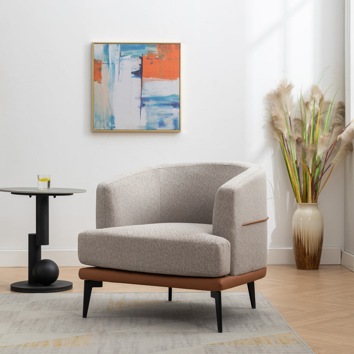 Modern Two Tone Barrel Fabric Chair, Upholstered Round Armchair For Living Room Bedroom Reading Room, Burnt Orange Burnt Orange Linen