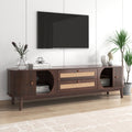 Rattan Tv Stand For Tvs Up To 75'', Modern Farmhouse Media Console, Entertainment Center With Solid Wood Legs, Tv Cabinet For Living Room,Home Theatre Natural Wood Brown Primary Living Space 60 69 Inches Solid Wood Mdf