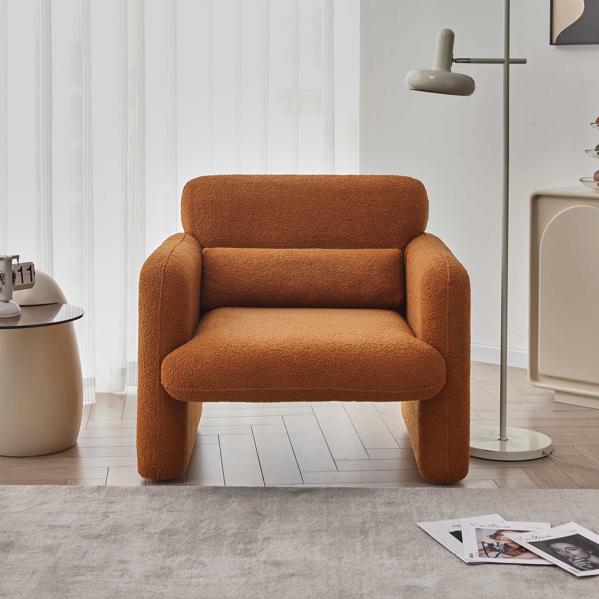 34"Lamb Fleece Fabric Sofa, Modern Single Sofa With Support Pillow For Apartment, Office, Living Room & Bedroom, Tool Free Assembly. Dark Orange Orange Dark Orange Foam Sherpa