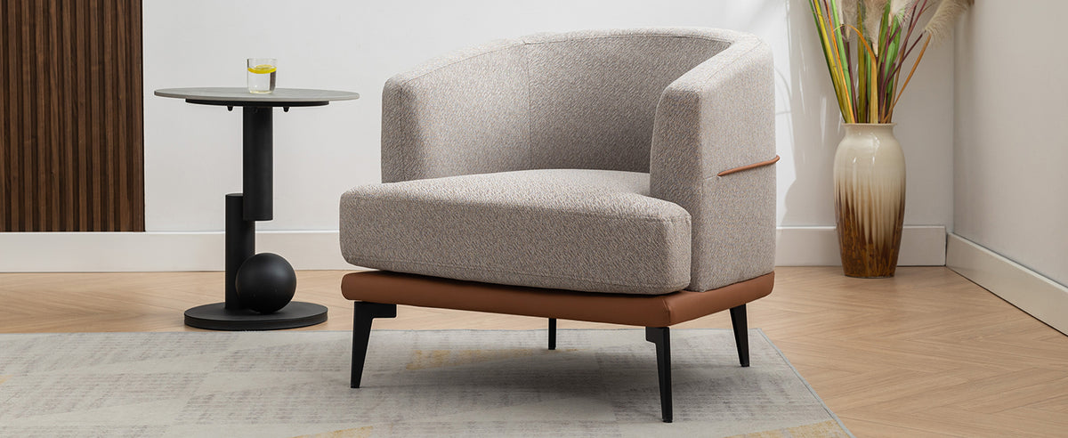 Modern Two Tone Barrel Fabric Chair, Upholstered Round Armchair For Living Room Bedroom Reading Room, Burnt Orange Burnt Orange Linen