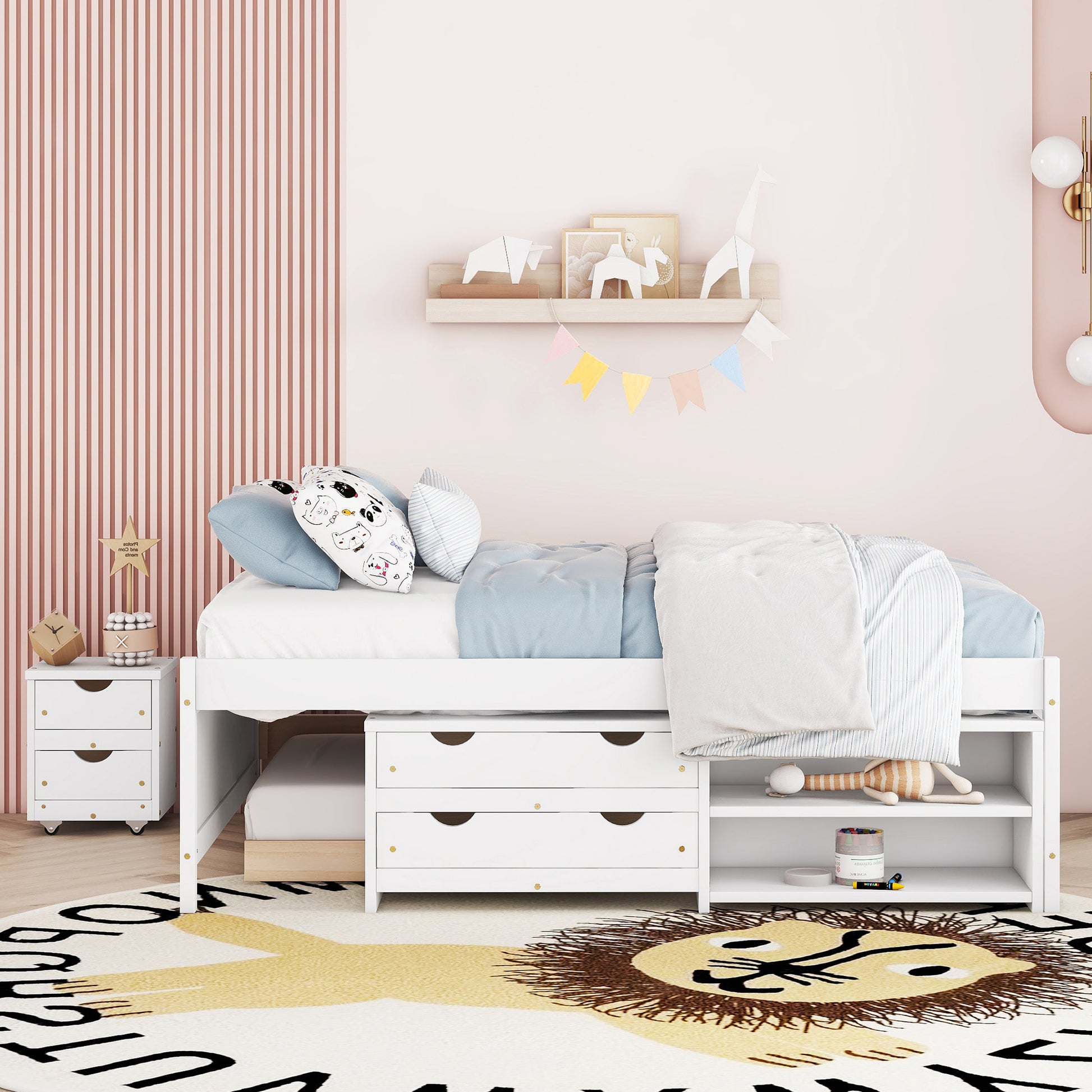 Versatile Full Bed With Trundle,Under Bed Storage Box And Nightstand .White Full White Pine