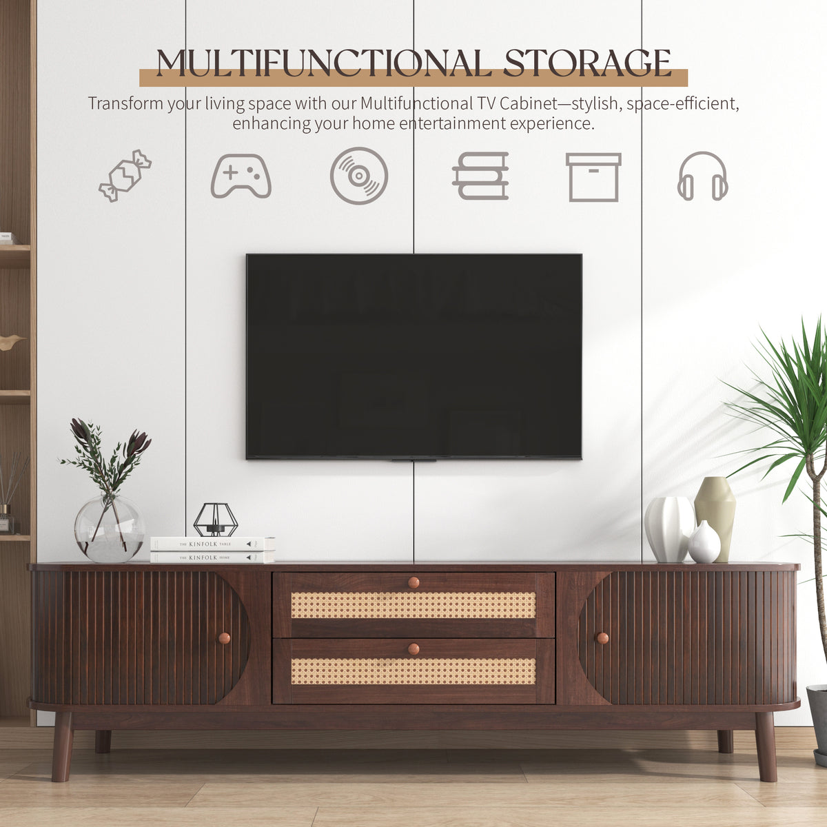 Rattan Tv Stand For Tvs Up To 75'', Modern Farmhouse Media Console, Entertainment Center With Solid Wood Legs, Tv Cabinet For Living Room,Home Theatre Natural Wood Brown Primary Living Space 60 69 Inches Solid Wood Mdf