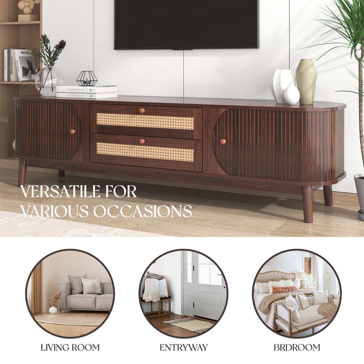 Rattan Tv Stand For Tvs Up To 75'', Modern Farmhouse Media Console, Entertainment Center With Solid Wood Legs, Tv Cabinet For Living Room,Home Theatre Natural Wood Brown Primary Living Space 60 69 Inches Solid Wood Mdf
