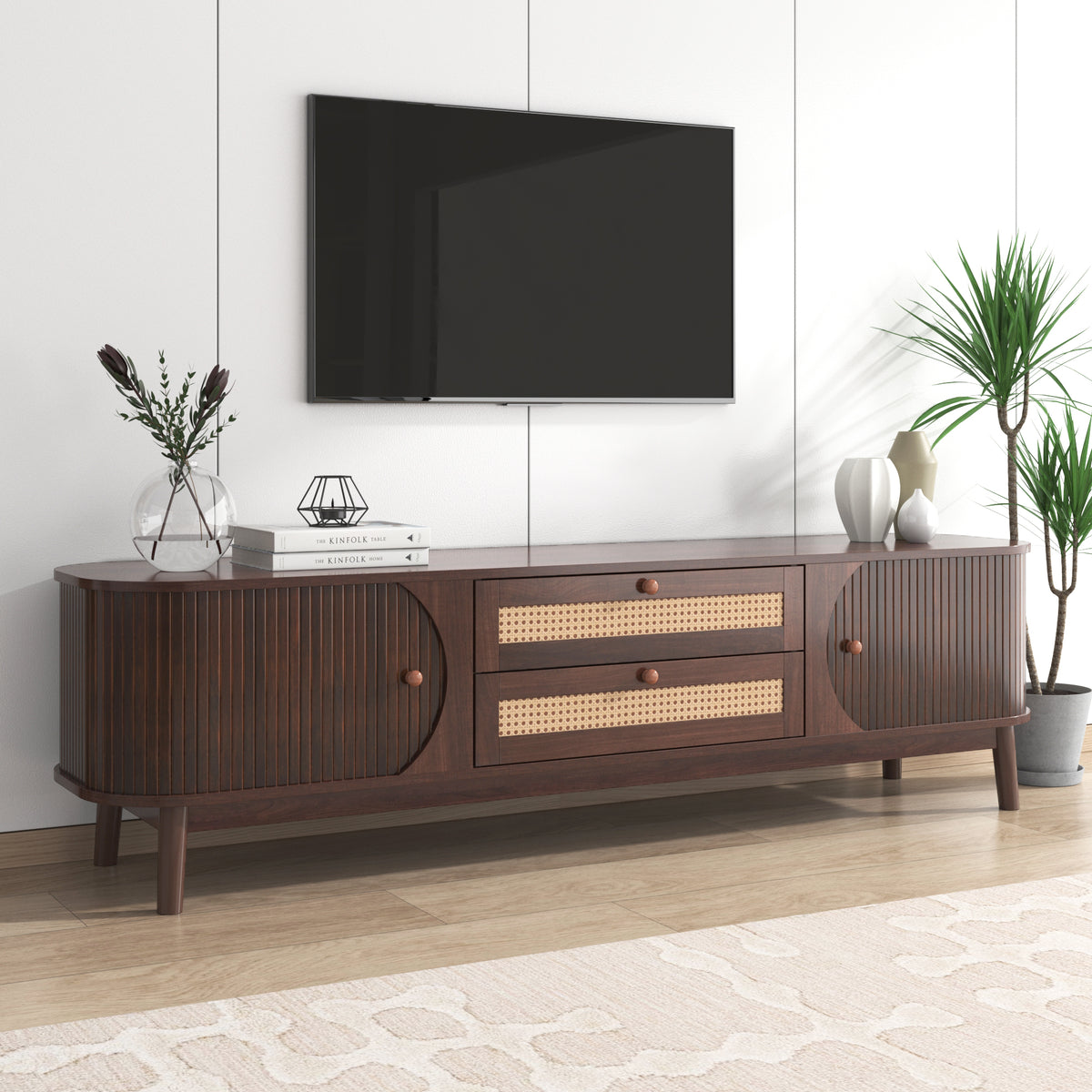 Rattan Tv Stand For Tvs Up To 75'', Modern Farmhouse Media Console, Entertainment Center With Solid Wood Legs, Tv Cabinet For Living Room,Home Theatre Natural Wood Brown Primary Living Space 60 69 Inches Solid Wood Mdf