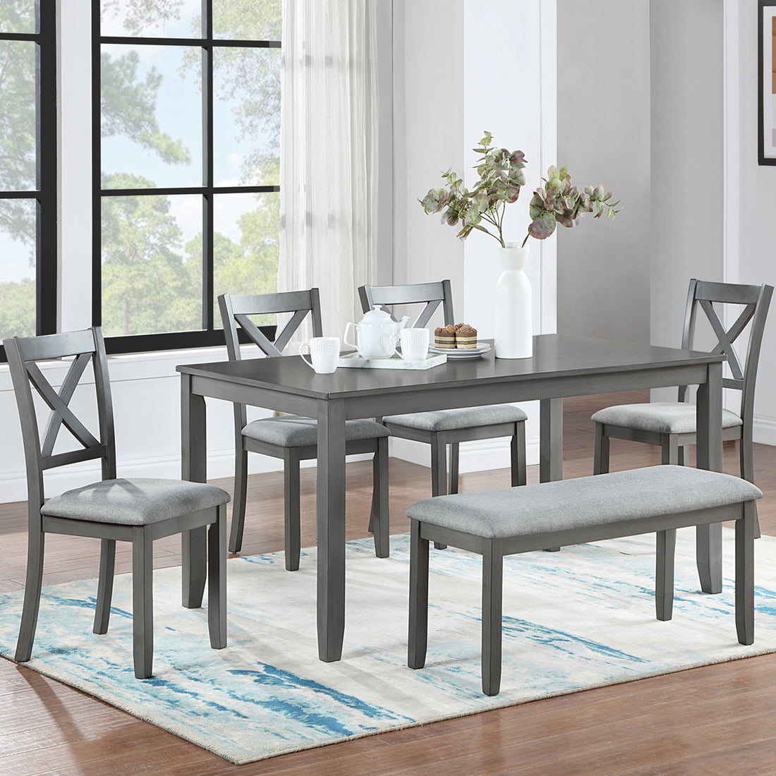 6 Piece Kitchen Dining Set, Rectangular Wooden Dining Table With 4 Upholstered Chairs And A Bench, Dining Table Set For 6 People, Living Room, Home Bar And Kitchen, Gray Wood Gray Seats 6 Wood Dining Room Acacia 4 Leg Rectangular Dining Table With Chair
