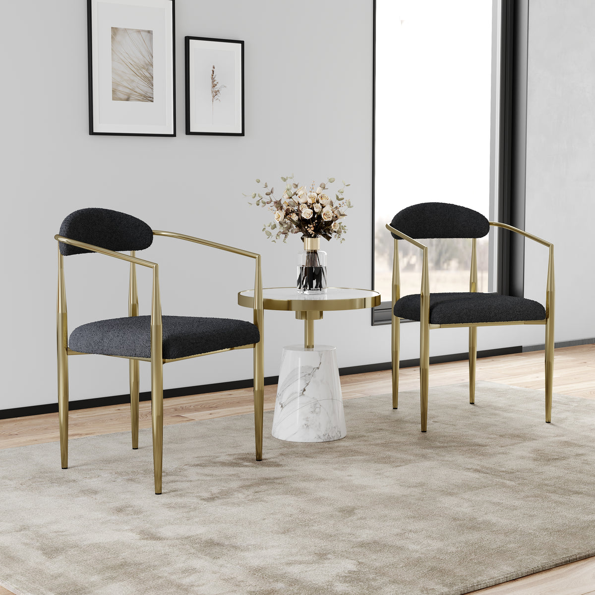 Woker Dining Chairs Set Of 2, Mid Century Modern Dining Chairs, Kitchen Dining Room Chairs, Round Boucle Backrest Sherpa Dining Chair With Black Metal Legs Iron White Black Dining Room Foam Round Dining Chairs Foam Metal