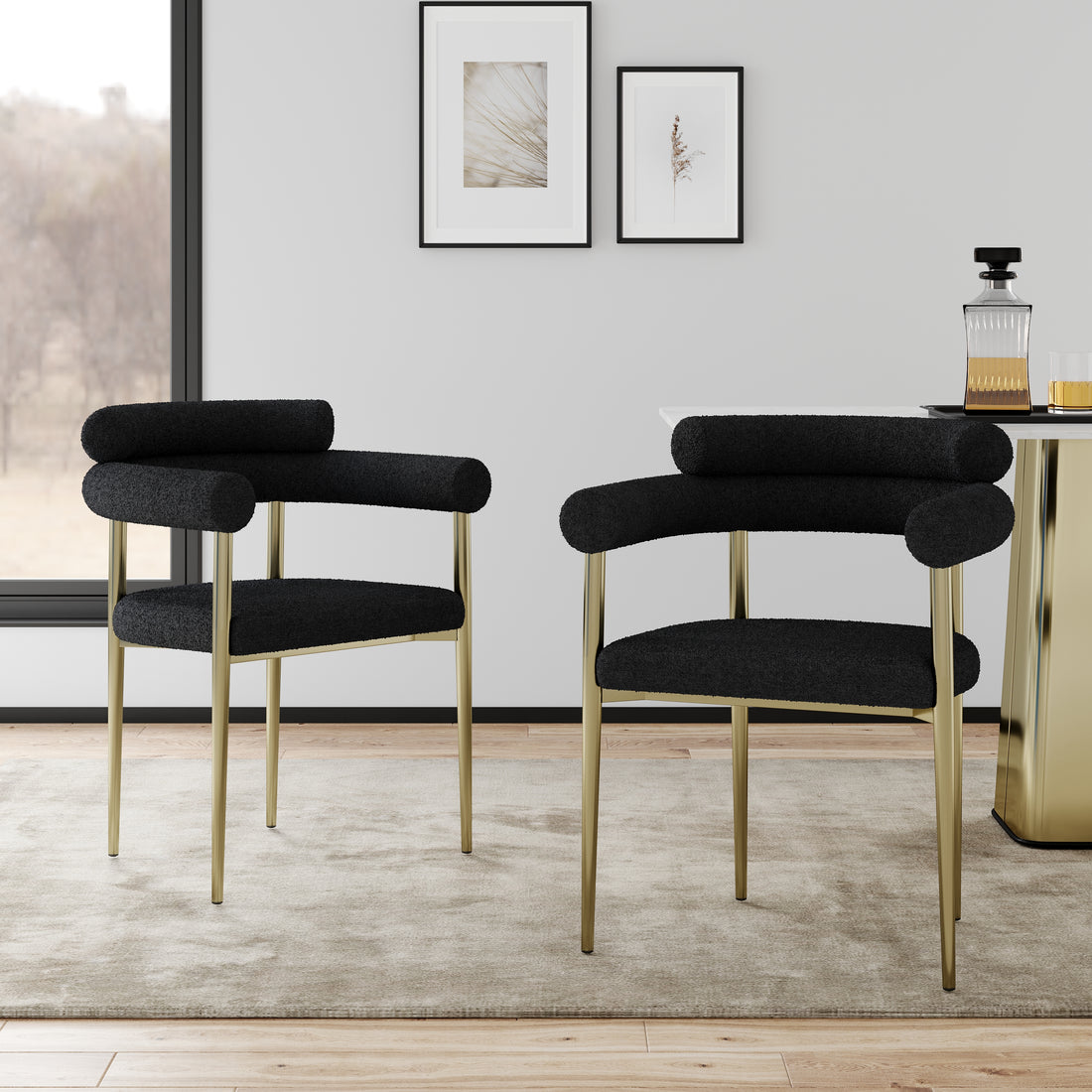 Woker Dining Chairs Set Of 2, Mid Century Modern Dining Chairs, Kitchen Dining Room Chairs, Round Boucle Backrest Sherpa Dining Chair With Brushed Bronze Metal Legs Iron Black Dining Room Foam Round Dining Chairs Foam Metal