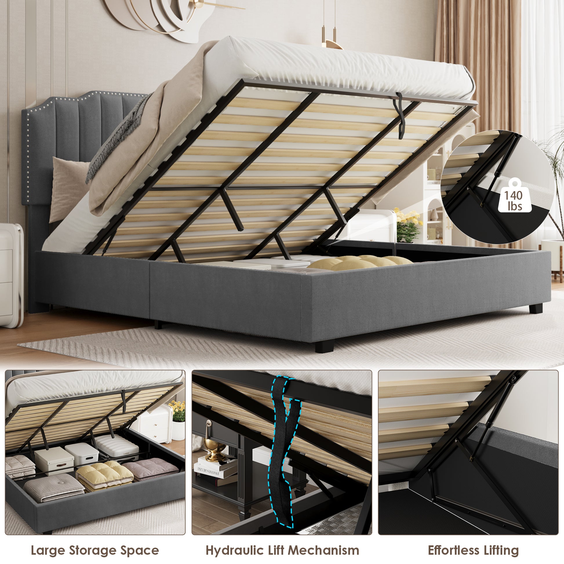 Lift Up Double Size Bed Gray Velvet Box Spring Not Required Full Gray Wood Light Brown Bedroom American Design Poplar Slat Beds Metal & Wood Velvet Upholstered