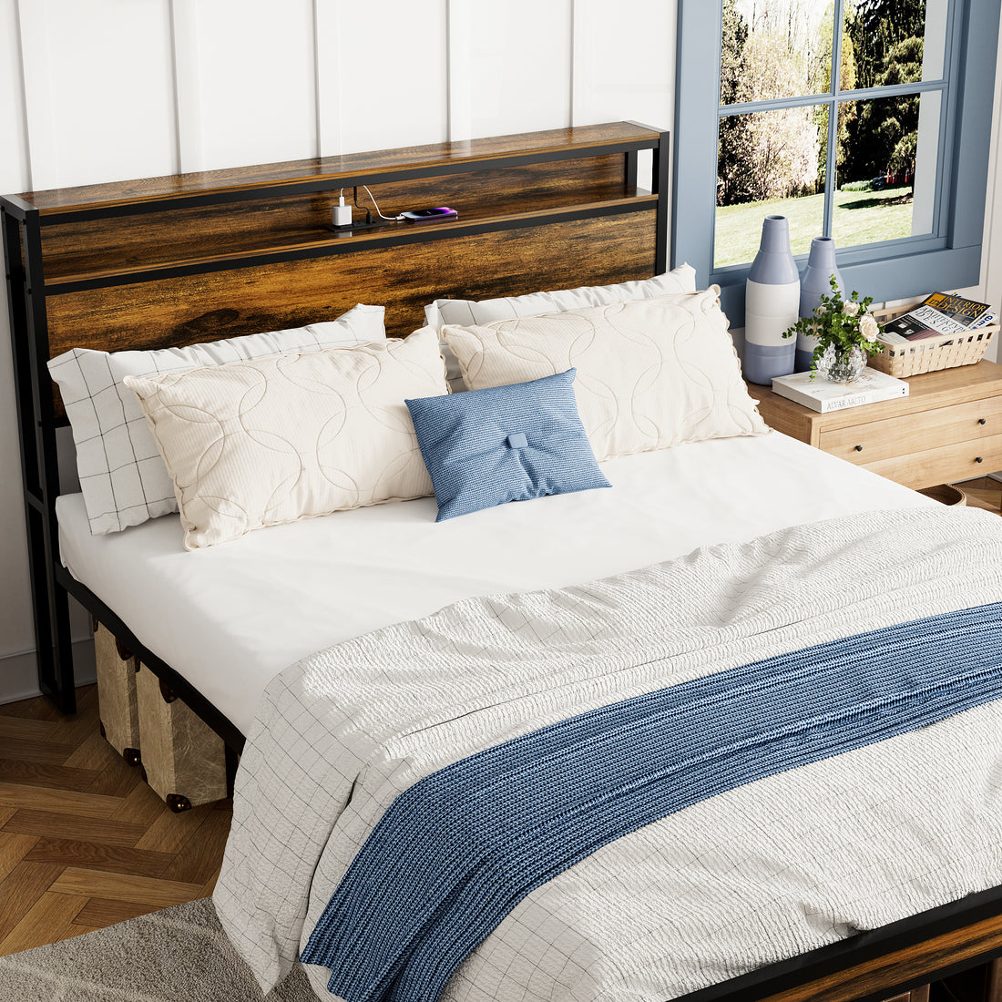 Queen Size Bed Frame, Storage Headboard With Led Light, Charging Station, Solid And Stable, Noise Free, No Box Spring Needed, Easy Assembly, Vintage Brown Box Spring Not Required Queen Antique Brown Iron Brown Bedroom American Design Bed Frame Particle