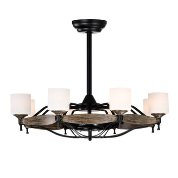 Dia 33 Inch Chandelier Ceiling Fan For Bedroom Dining Room Living Room Kitchen Farmhouse Entry,Matte Black Wood Grain Wood American Design,American Traditional,Classic,Contemporary,Farmhouse Glass Metal