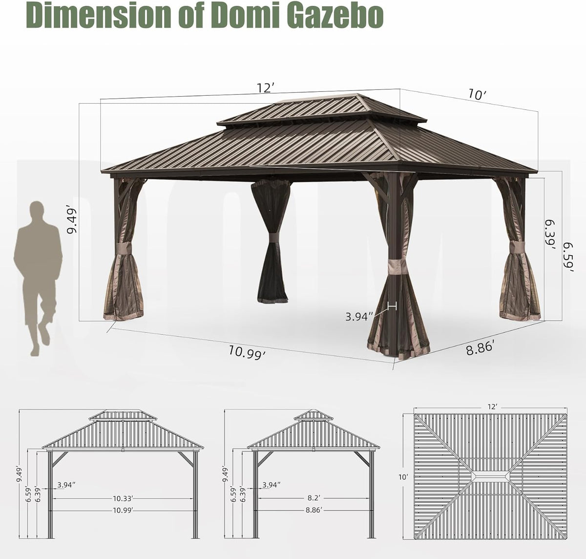 10' X 12' Hardtop Gazebo, Aluminum Metal Gazebo With Galvanized Steel Double Roof Canopy, Curtain And Netting, Permanent Gazebo Pavilion For Party, Wedding, Outdoor Dining, Brown Brown Aluminum