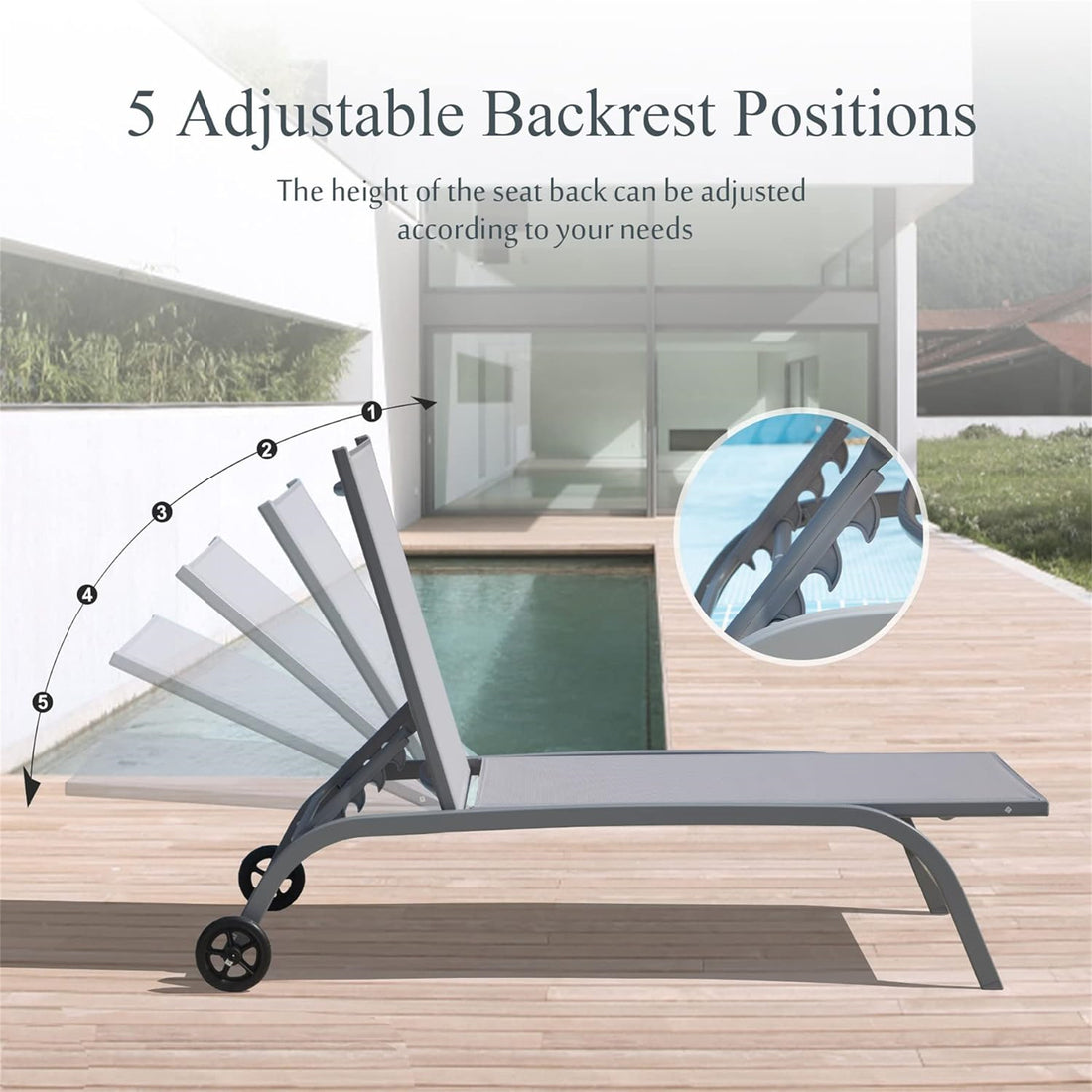 Chaise Lounge Outdoor Set Of 2, Lounge Chairs For Outside With Wheels, Outdoor Lounge Chairs With 5 Adjustable Position, Pool Lounge Chairs For Patio, Beach, Yard, Deck, Poolside Grey,2 Lounge Chairs Grey Aluminium