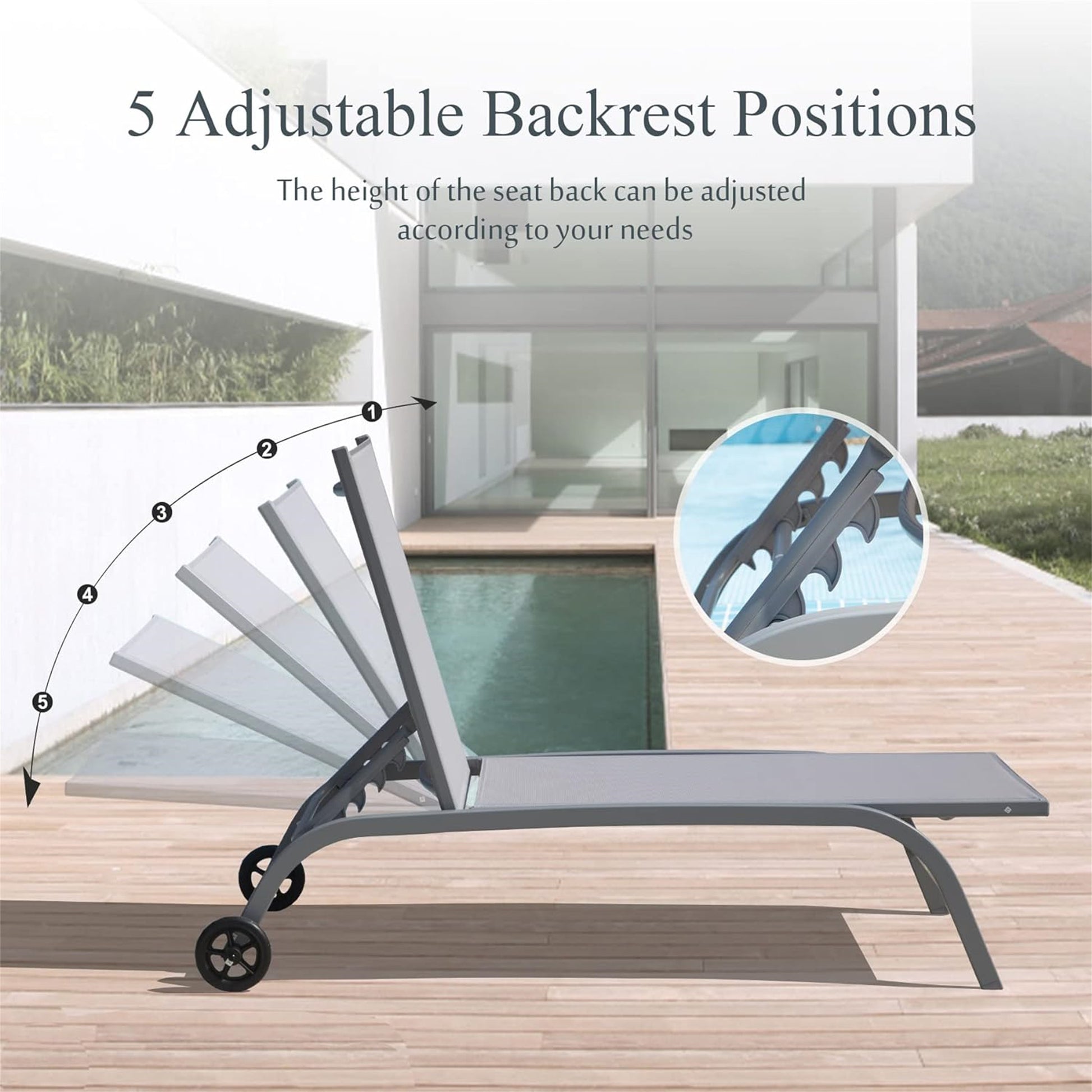 Chaise Lounge Outdoor Set Of 2, Lounge Chairs For Outside With Wheels, Outdoor Lounge Chairs With 5 Adjustable Position, Pool Lounge Chairs For Patio, Beach, Yard, Deck, Poolside Grey,2 Lounge Chairs Grey Aluminium