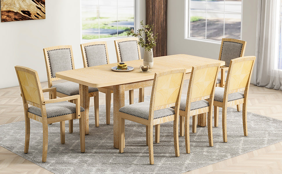 Rustic Extendable 84Inch Dining Table Set With 24Inch Removable Leaf6 Upholstered Armless Dining Chairs And 2 Padded Arm Chairs, 9 Pieces, Natural Wood Dining Room Extendable Rubberwood Rectangular Dining Table With Chair Upholstered Chair Wood Natural
