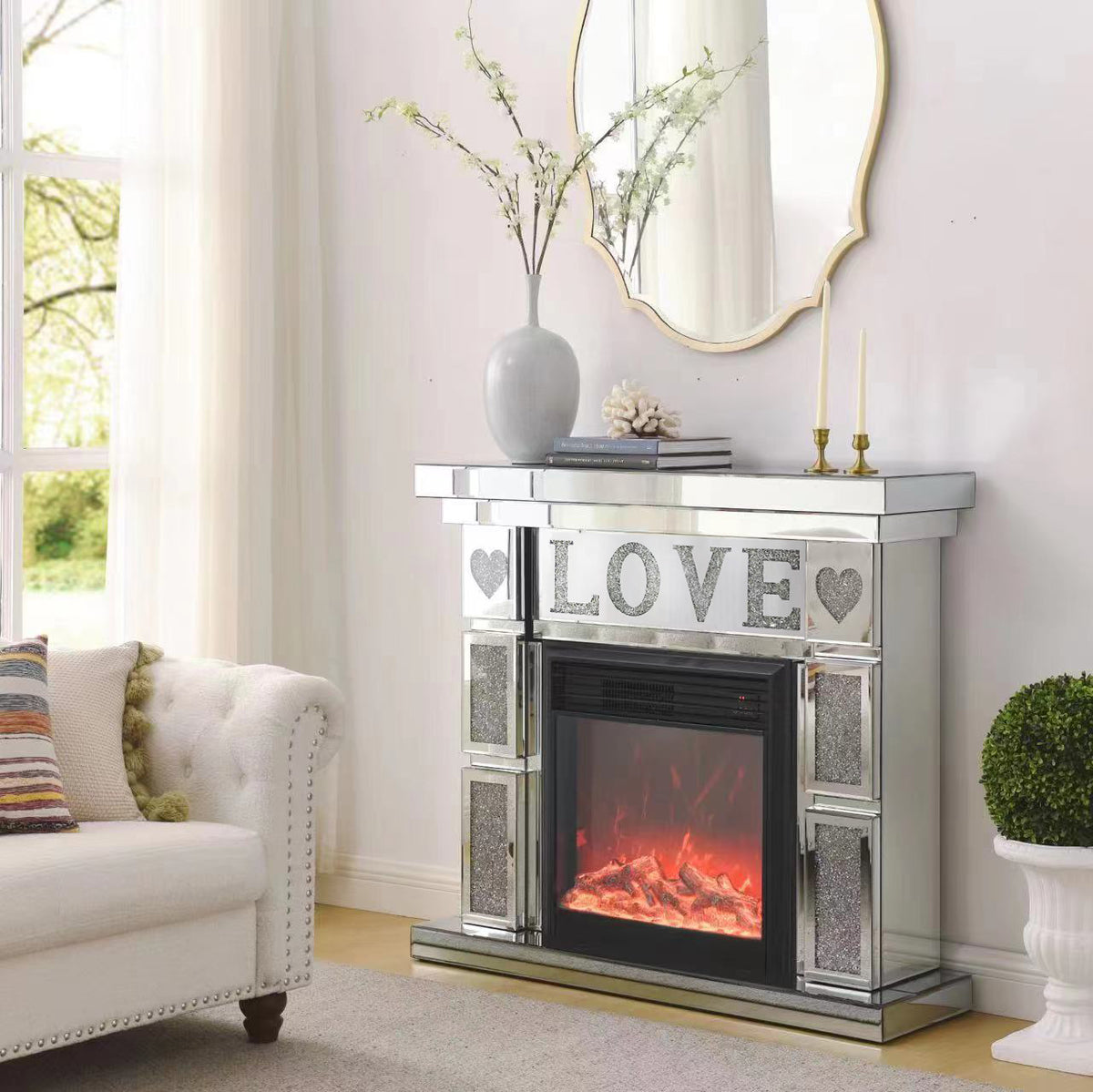 W 46" X D 12.6 X H 41"Acrylic Diamond Mirror Fireplace Cabinet, Tv Fireplace Cabinet Powder Coated Electric Bedroom Yes Freestanding Electric 41 50 Yes Silver 400 Natural Vent American Design Acrylic Mdf Glass