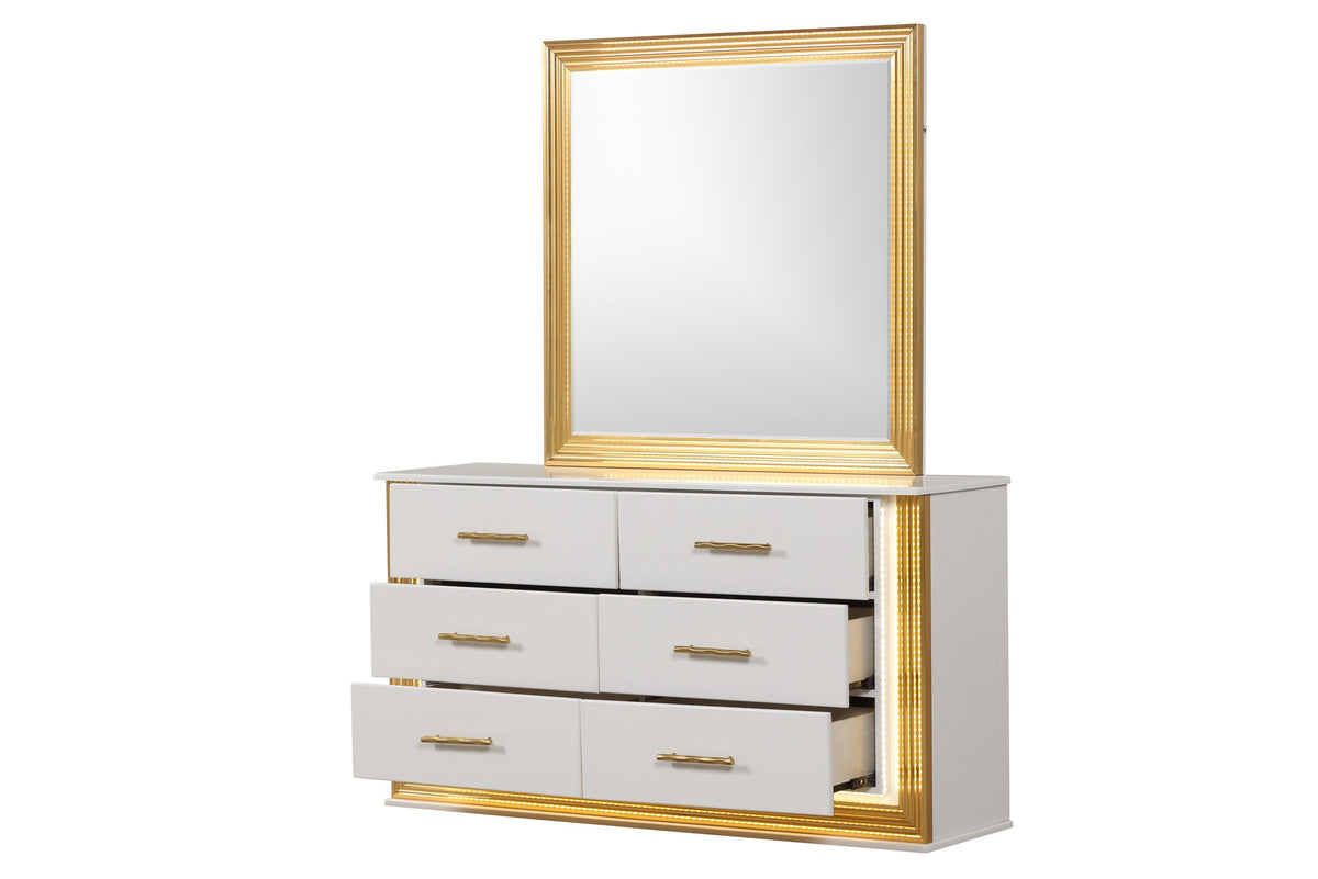 Contemporary Style 4Pc King Bedroom Set Made With Wood & Gold Finish Box Spring Not Required King White Wood 4 Piece Set Bedroom Bed Included,Dresser Included,Mirror Included,Nightstand Included Contemporary,Modern Solid Wood Mdf Built In Lighting Wood