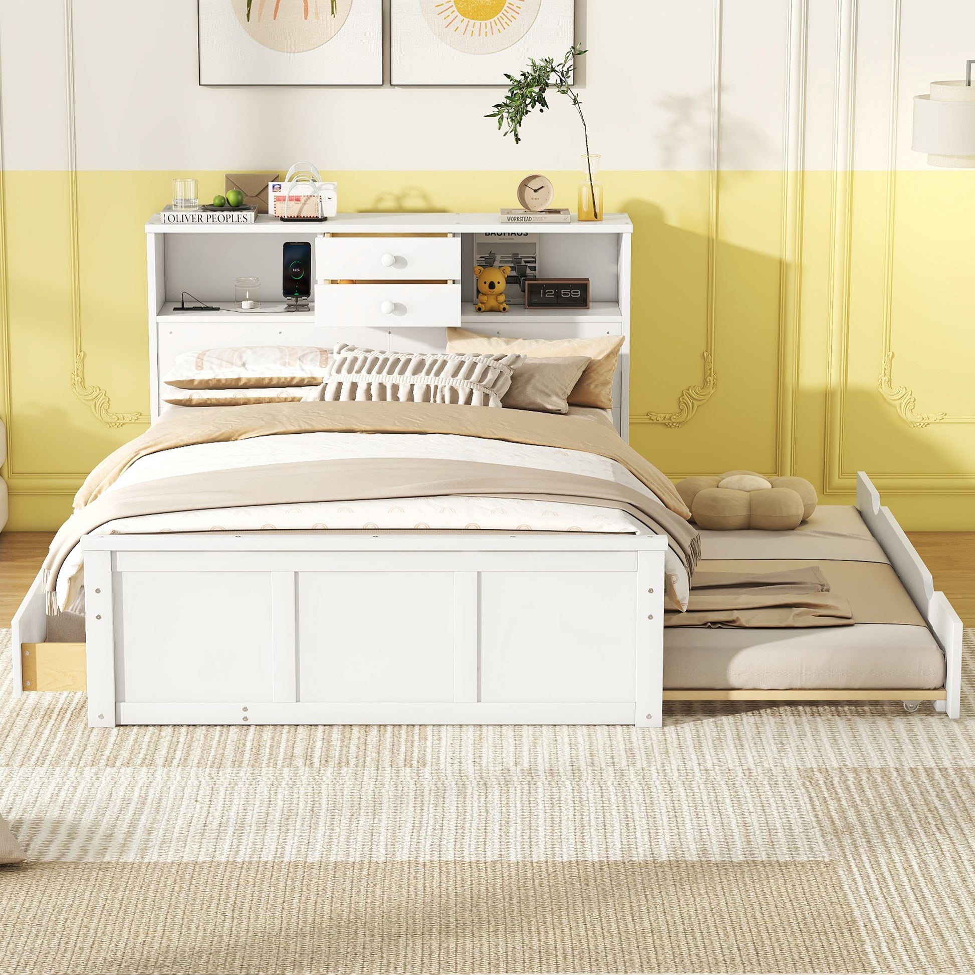 Full Size Wood Pltaform Bed With Win Size Trundle, 3 Drawers, Upper Shelves And A Set Of Usb Ports & Sockets, White White Solid Wood Mdf