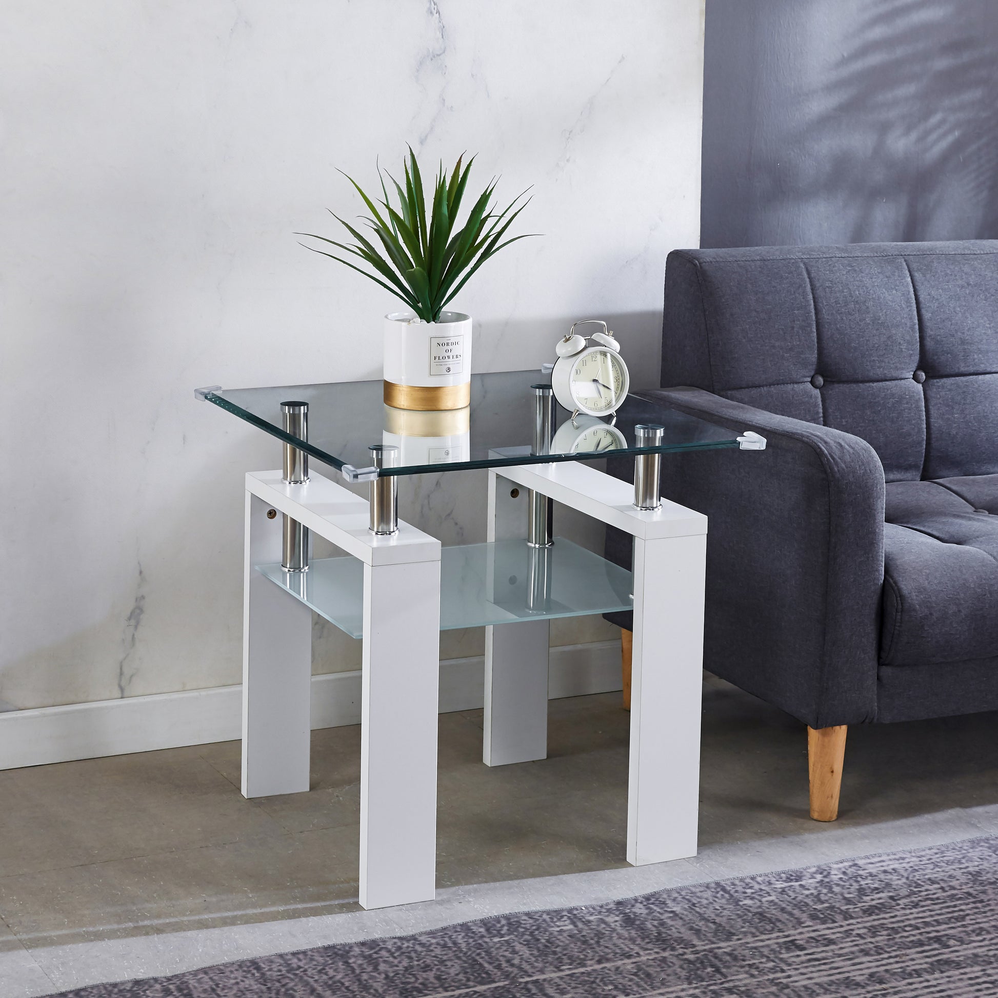 Clear Glass Top Side Table, 24"X24"X24" End Table, Modern Design For Home White Mdf