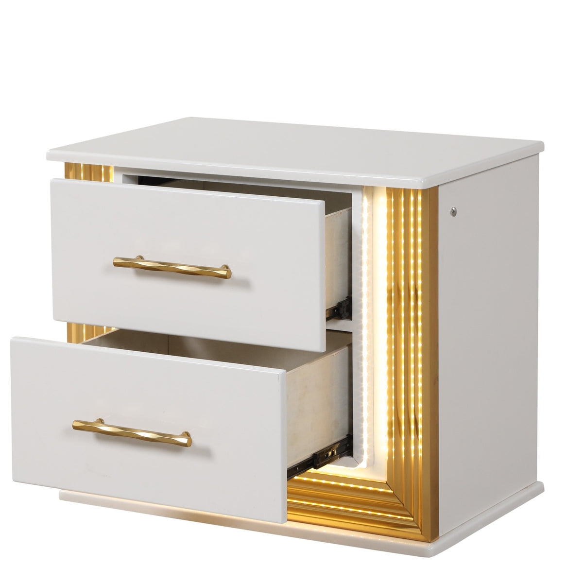 Contemporary Style 4Pc King Bedroom Set Made With Wood & Gold Finish Box Spring Not Required King White Wood 4 Piece Set Bedroom Bed Included,Dresser Included,Mirror Included,Nightstand Included Contemporary,Modern Solid Wood Mdf Built In Lighting Wood
