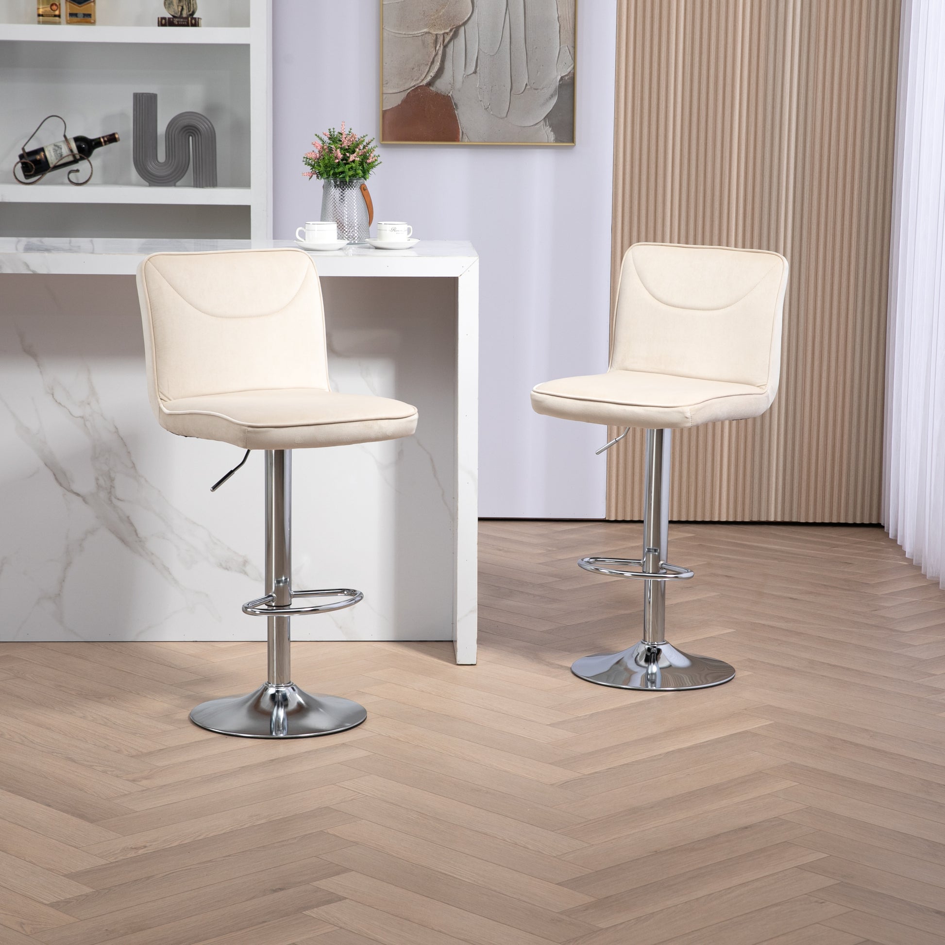 Coolmore Bar Stools With Back And Footrest Counter Height Dining Chairs 2Pc Set,360 Velvet Swivel Bar Stools Set Of 2, Adjustable Counter Height Bar Chairs Ivory Velvet Ivory Foam Velvet