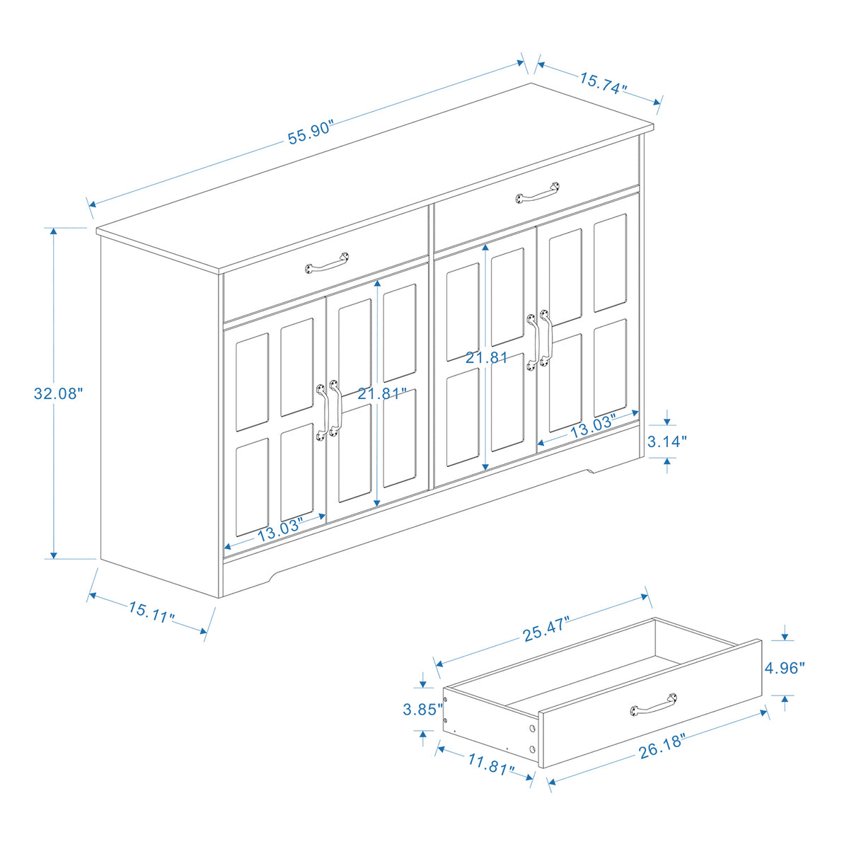55.91" Large Farmhouse Buffet Cabinet Storage Sideboard With 2 Drawers And 4 Doors For Dining Living Room Kitchen Cupboard White White Mdf