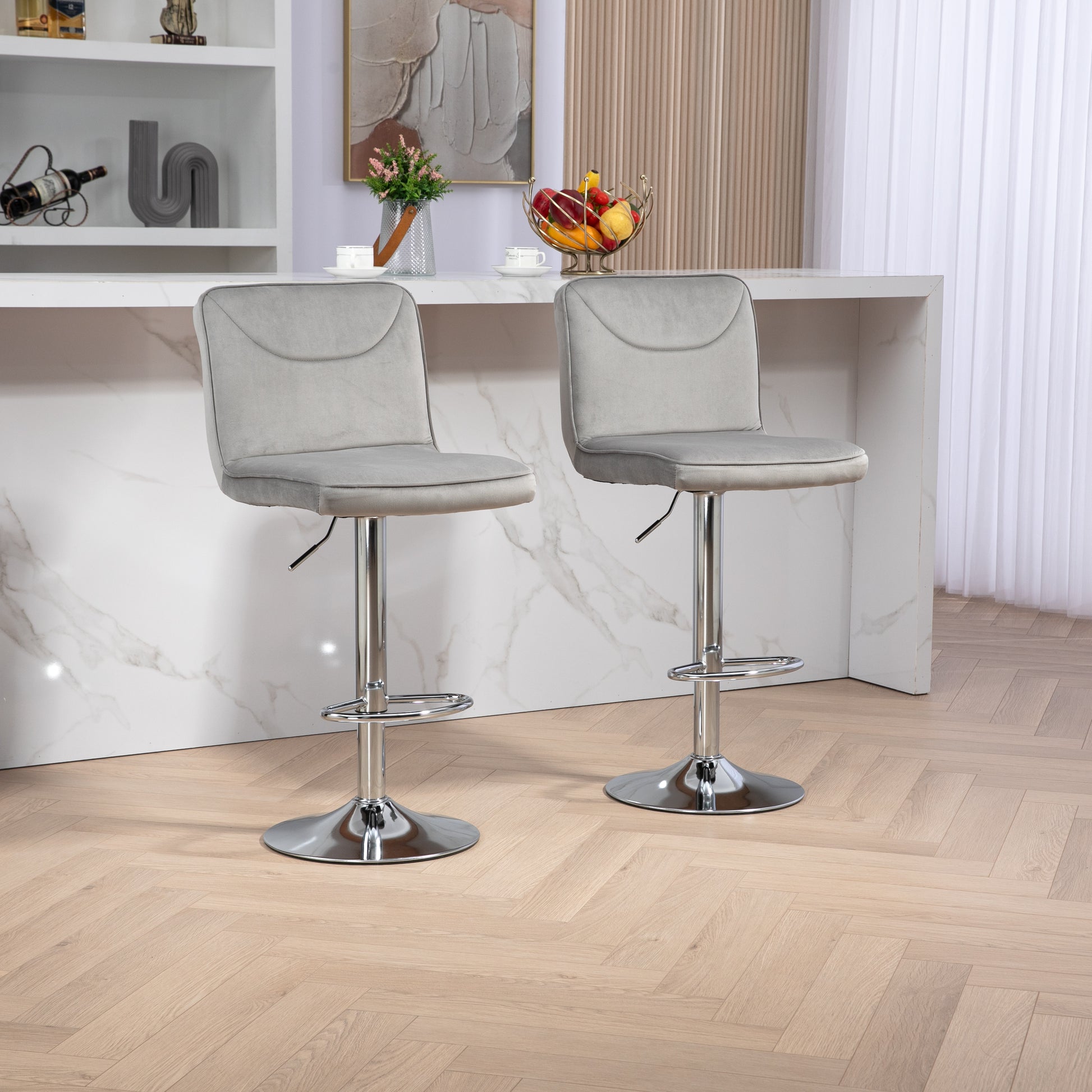 Coolmore Bar Stools With Back And Footrest Counter Height Dining Chairs 2Pc Set,360 Velvet Swivel Bar Stools Set Of 2, Adjustable Counter Height Bar Chairs Gray Velvet Gray Primary Living Space Foam Velvet