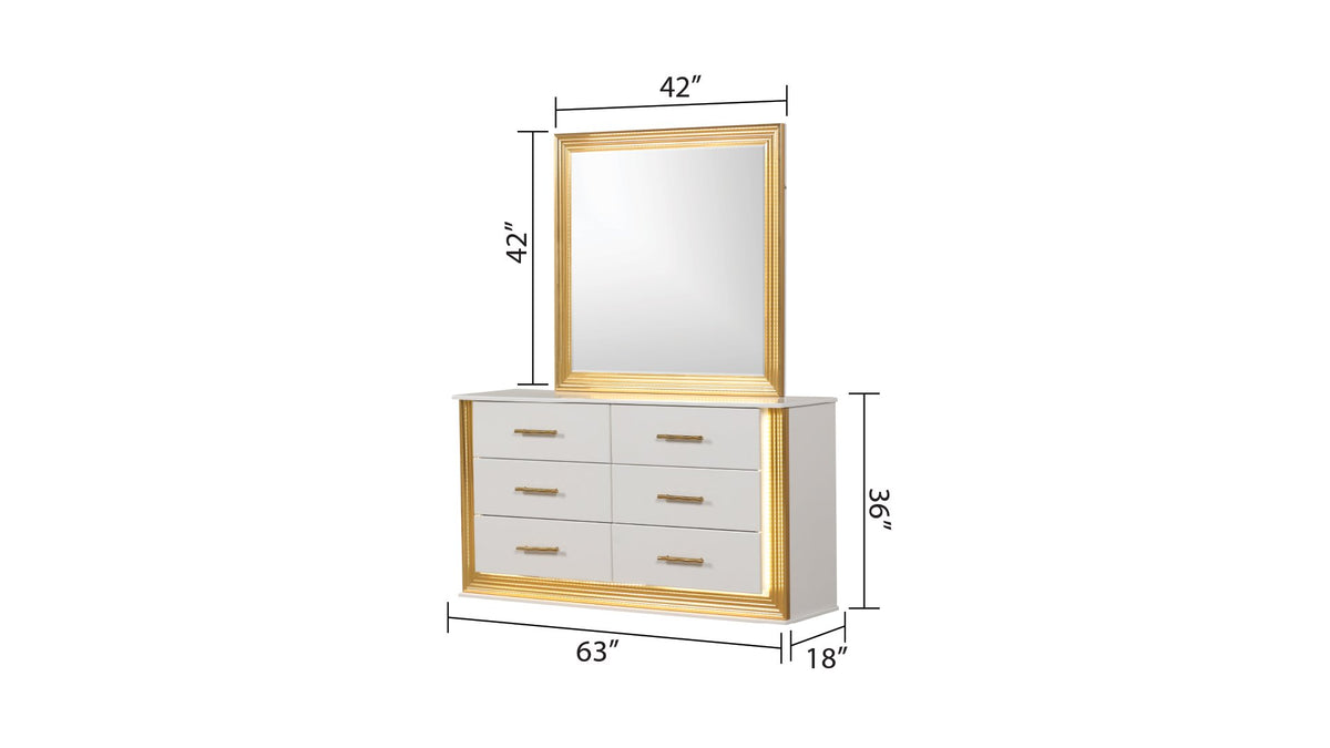 Contemporary Style 4Pc King Bedroom Set Made With Wood & Gold Finish Box Spring Not Required King White Wood 4 Piece Set Bedroom Bed Included,Dresser Included,Mirror Included,Nightstand Included Contemporary,Modern Solid Wood Mdf Built In Lighting Wood