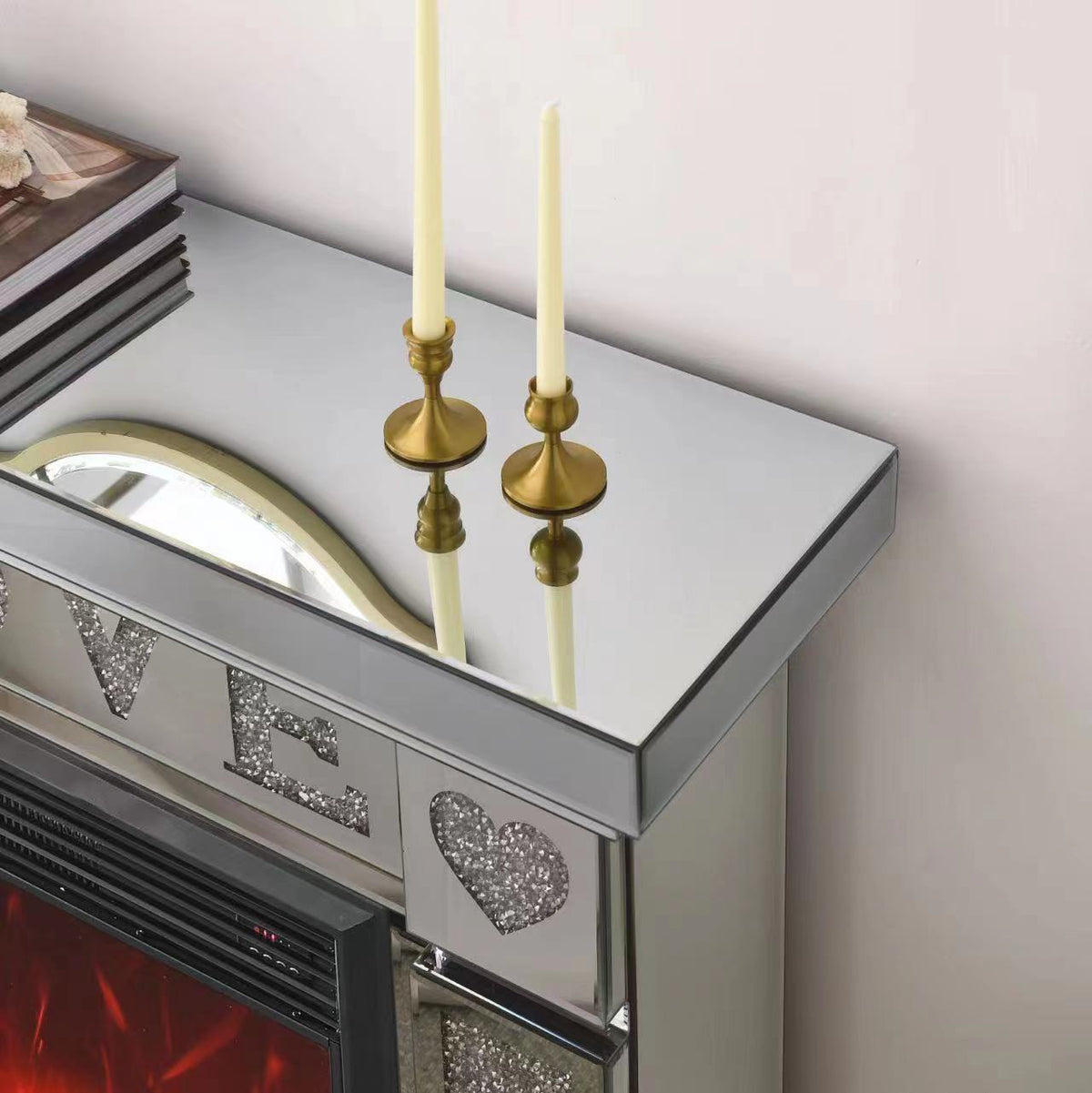 W 46" X D 12.6 X H 41"Acrylic Diamond Mirror Fireplace Cabinet, Tv Fireplace Cabinet Powder Coated Electric Bedroom Yes Freestanding Electric 41 50 Yes Silver 400 Natural Vent American Design Acrylic Mdf Glass