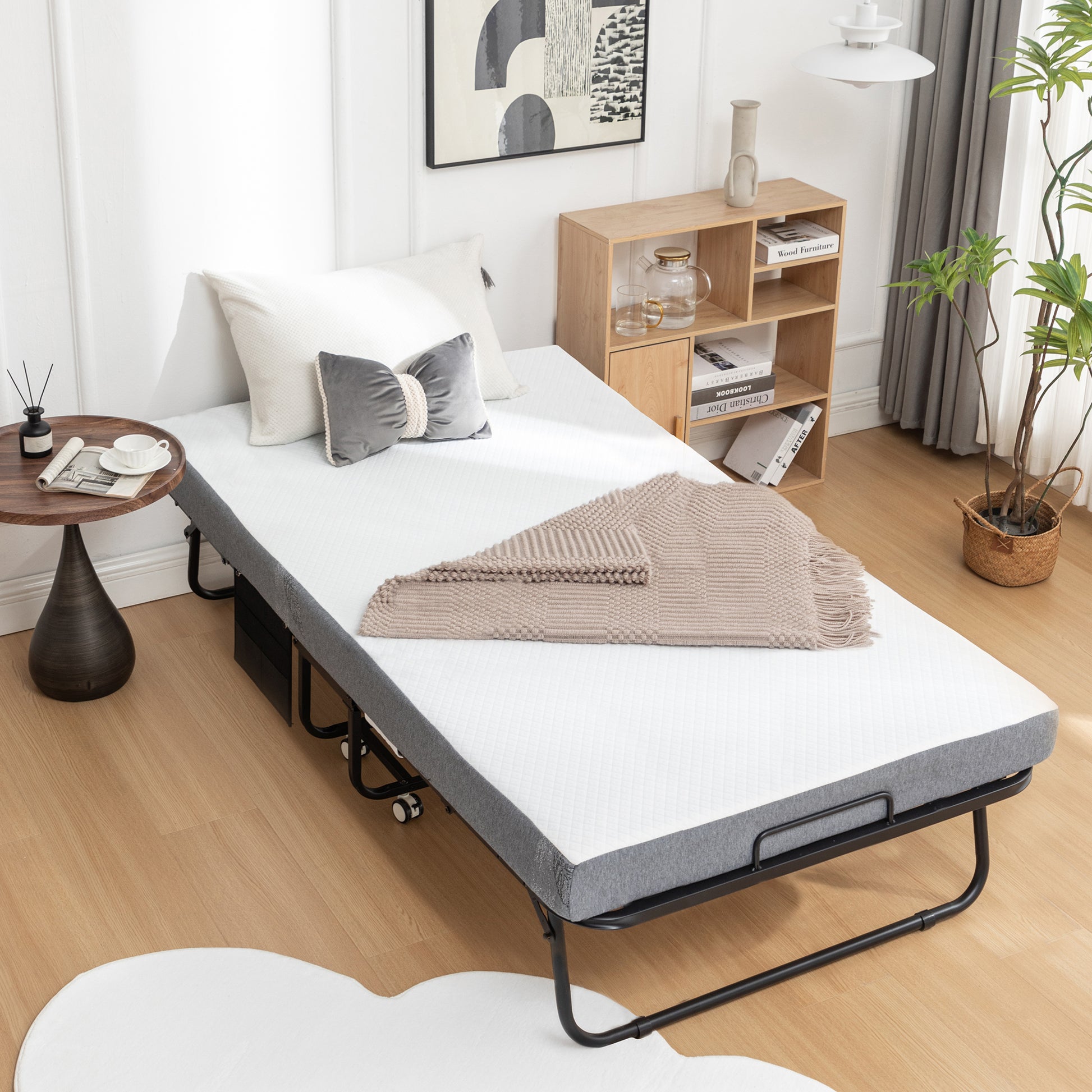 Folding Bed With Mattress, Sportable Foldable Bed With Storage Cover, Srollaway Bed For Adults With Memory Foam Mattress And Metal Frame, Scot Size Guest Bed On Wheels, 75 X 38 Black Metal Foam