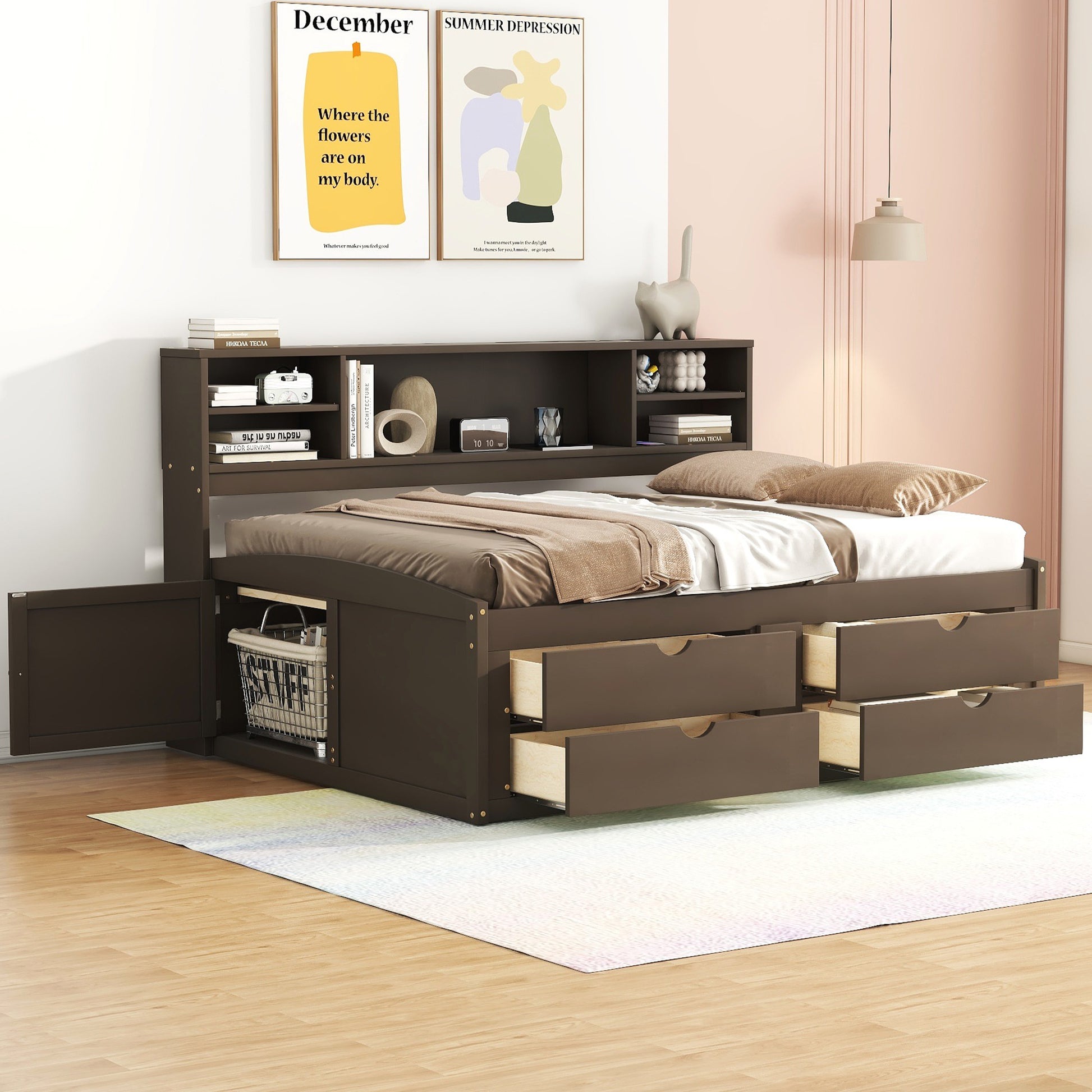 Full Size Wood Daybed With 2 Bedside Cabinets, Upper Shelves And 4 Drawers, Antique Brown Antique Brown Solid Wood Mdf