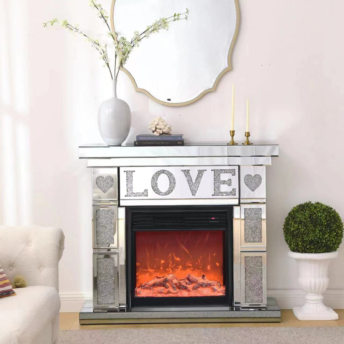 W 46" X D 12.6 X H 41"Acrylic Diamond Mirror Fireplace Cabinet, Tv Fireplace Cabinet Powder Coated Electric Bedroom Yes Freestanding Electric 41 50 Yes Silver 400 Natural Vent American Design Acrylic Mdf Glass