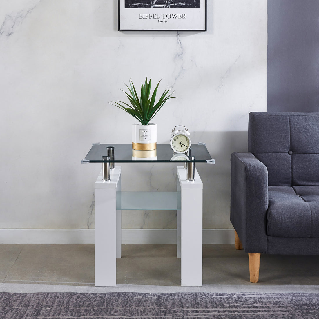 Clear Glass Top Side Table, 24"X24"X24" End Table, Modern Design For Home White Mdf