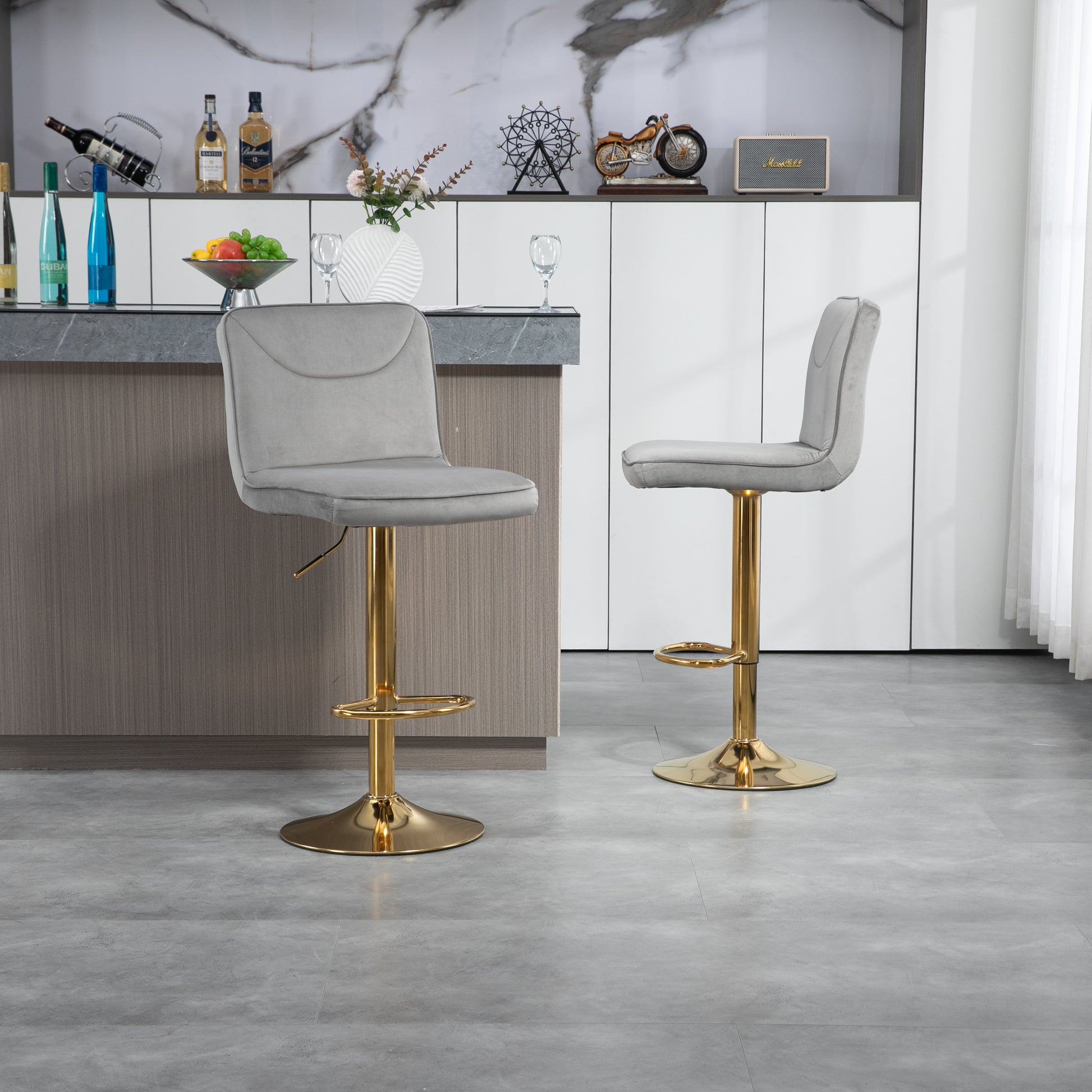 Coolmore Bar Stools With Back And Footrest Counter Height Dining Chairs 2Pc Set,360 Velvet Swivel Bar Stools Set Of 2, Adjustable Counter Height Bar Chairs Gray Velvet Gray Primary Living Space Foam Velvet