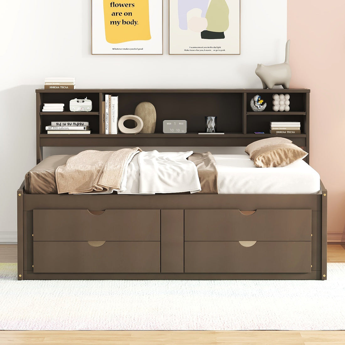 Full Size Wood Daybed With 2 Bedside Cabinets, Upper Shelves And 4 Drawers, Antique Brown Antique Brown Solid Wood Mdf