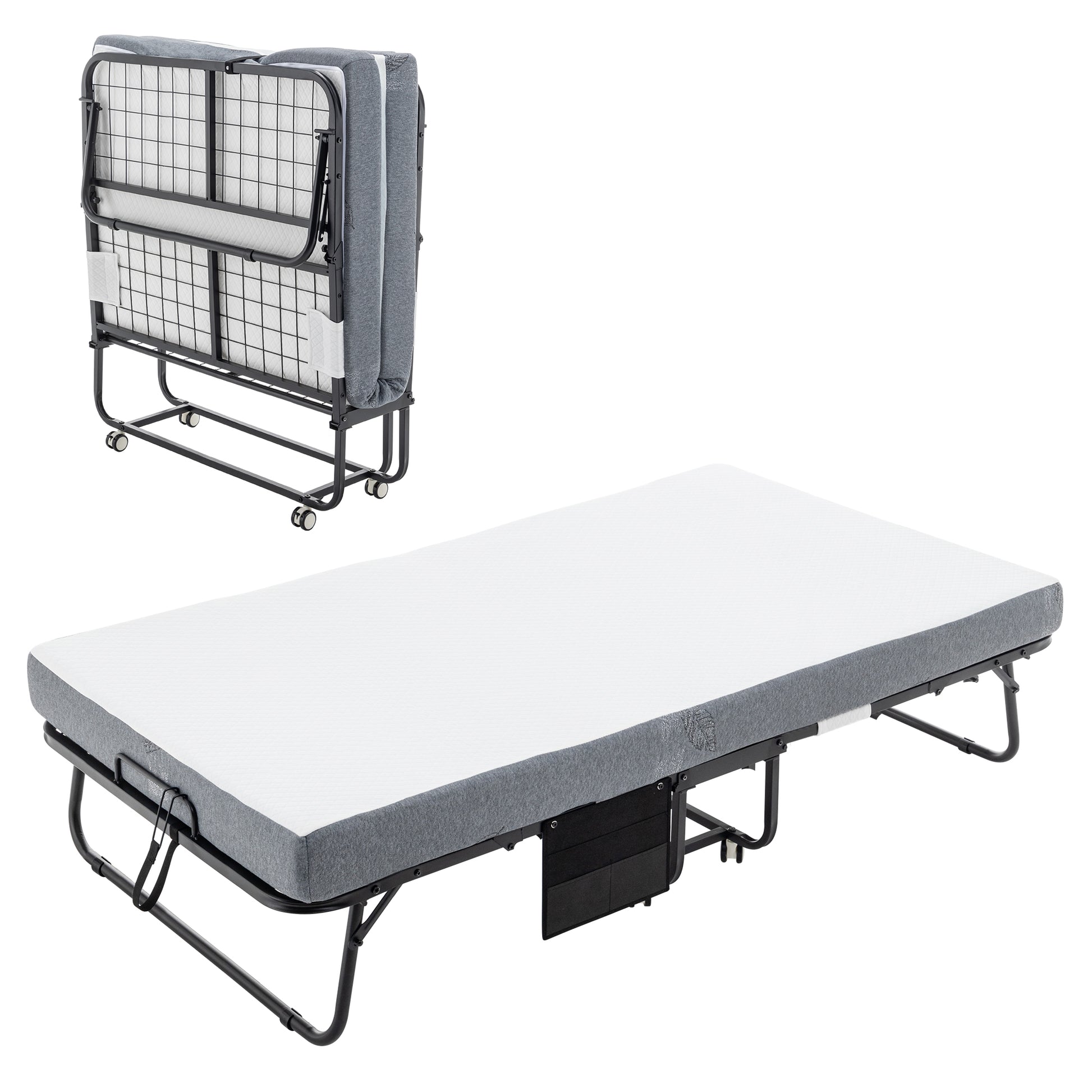 Folding Bed With Mattress, Sportable Foldable Bed With Storage Cover, Srollaway Bed For Adults With Memory Foam Mattress And Metal Frame, Scot Size Guest Bed On Wheels, 75 X 38 Black Metal Foam