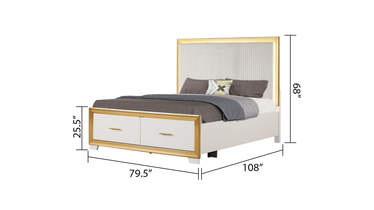 Contemporary Style 5Pc King Bedroom Set Made With Wood & Gold Finish Box Spring Not Required King White Wood 5 Piece Set Bedroom Bed Included,Chest Included,Dresser Included,Mirror