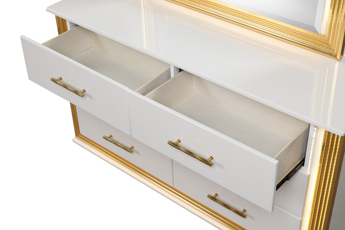Contemporary Style 4Pc King Bedroom Set Made With Wood & Gold Finish Box Spring Not Required King White Wood 4 Piece Set Bedroom Bed Included,Dresser Included,Mirror Included,Nightstand Included Contemporary,Modern Solid Wood Mdf Built In Lighting Wood
