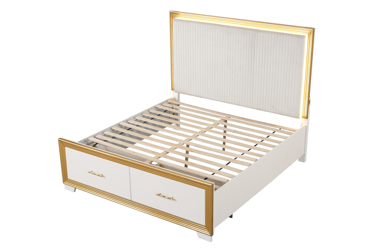 Contemporary Style 5Pc King Bedroom Set Made With Wood & Gold Finish Box Spring Not Required King White Wood 5 Piece Set Bedroom Bed Included,Chest Included,Dresser Included,Mirror