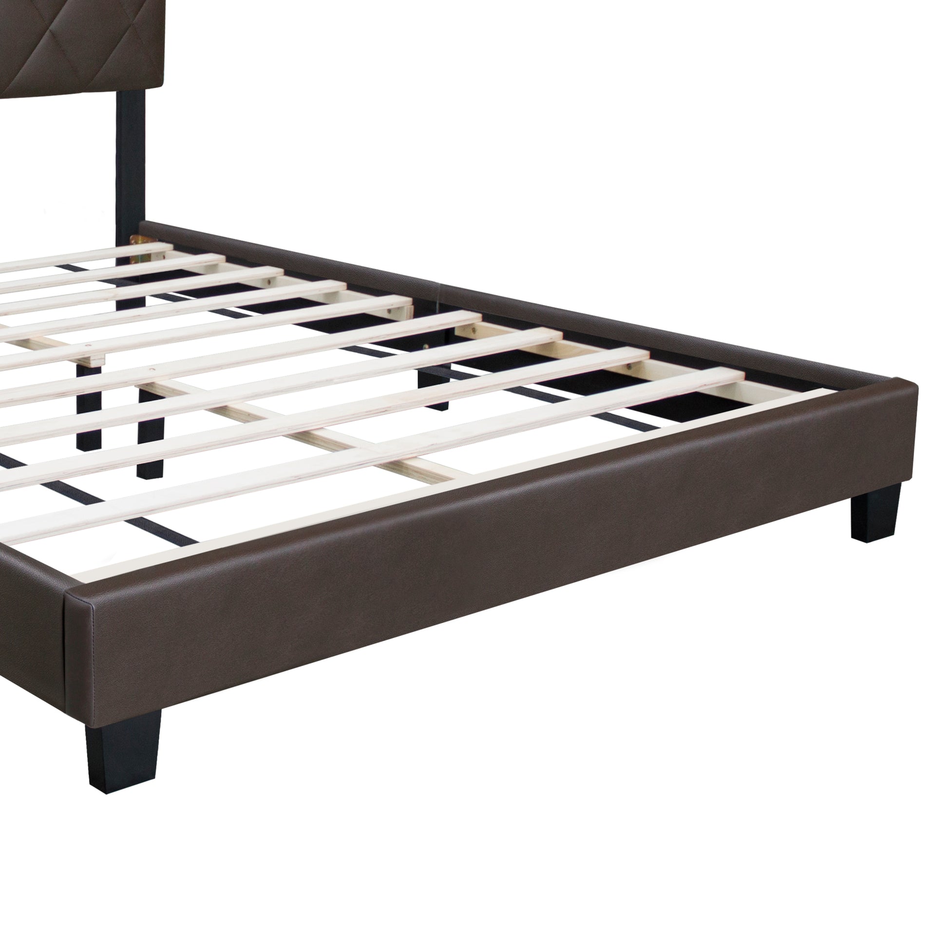 Brown Queen Size Adjustable Upholstered Bed Frame Stain Resistant Pvc Leather Plaid Design Simple Style Box Spring Not Required Queen Brown Wood Espresso Bedroom Classic,Minimalist,Shabby Chic Rubberwood Adjustable Bedbase Fiber Foam And Polyester Fiber