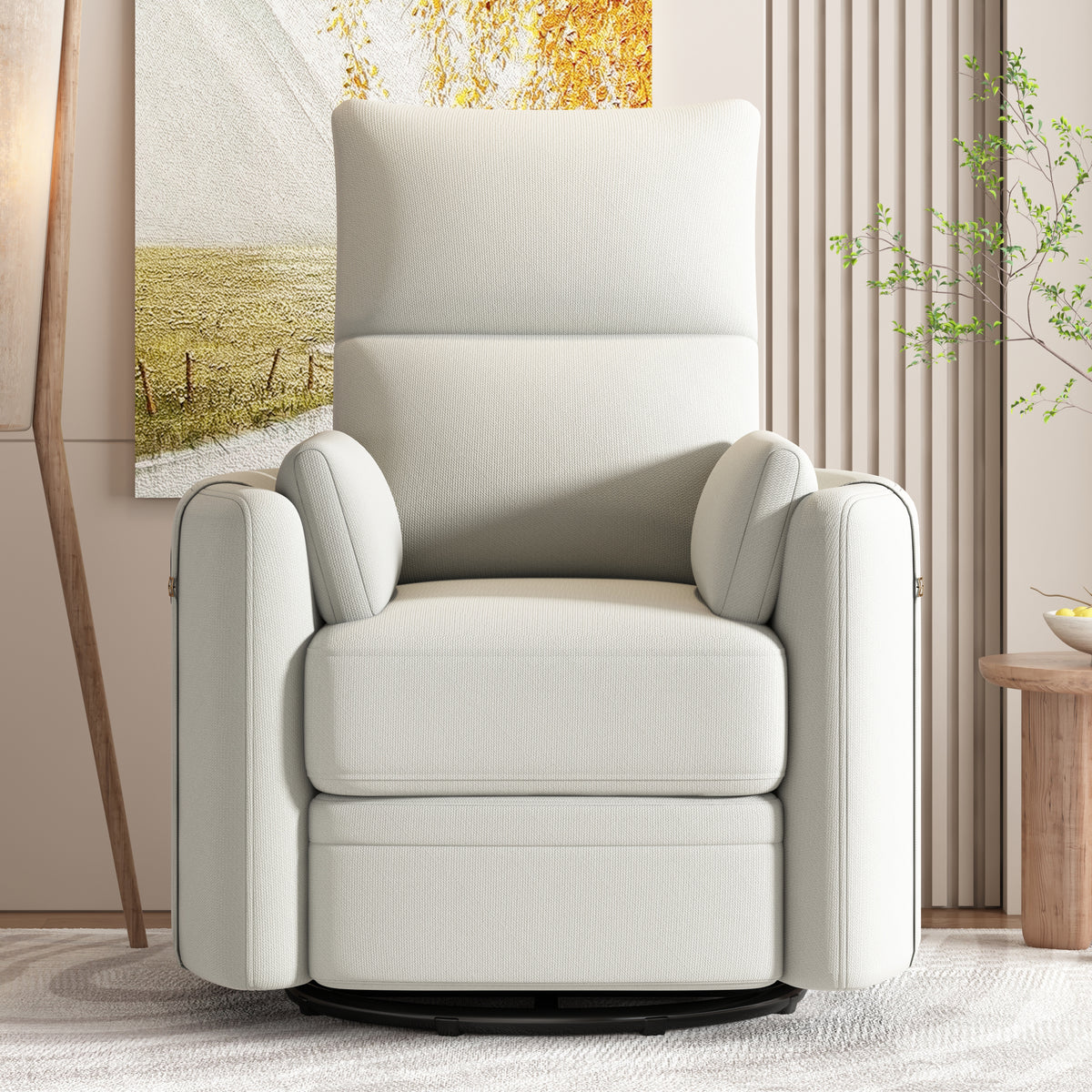 Upholstered Swivel Recliner Manual Rocker Recliner Chair Baby Nursery Chair With Two Removable Pillows For Living Room, Beige Beige Foam Linen