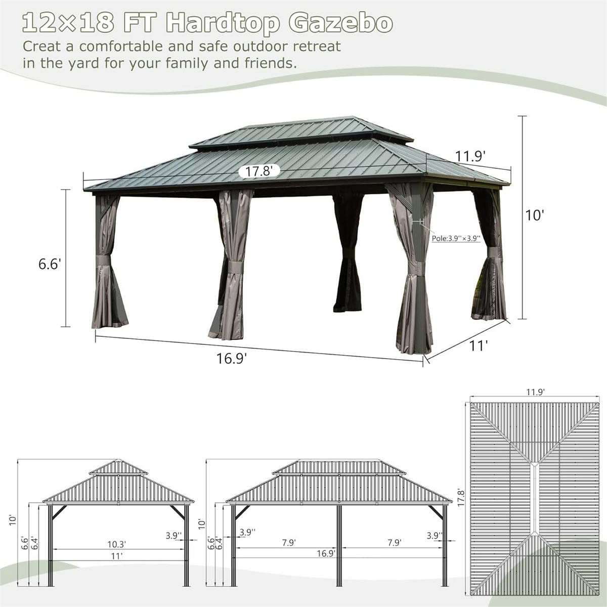 12' X 18' Hardtop Gazebo, Aluminum Metal Gazebo With Galvanized Steel Double Roof Canopy, Curtain And Netting, Permanent Gazebo Pavilion For Patio, Backyard, Deck, Lawn Gray Aluminum