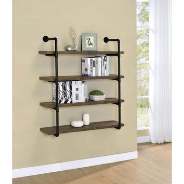 Black And Rustic Oak 40 Inch Wall Shelf 4 Black Brown Brown Vertical Office Open Back Wood Farmhouse,Rustic Wall Mounted Wood Metal