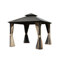 10' X 10' Hardtop Gazebo, Aluminum Metal Gazebo With Galvanized Steel Double Roof Canopy, Curtain And Netting, Permanent Gazebo Pavilion For Party, Wedding, Outdoor Dining, Brown Brown Aluminum