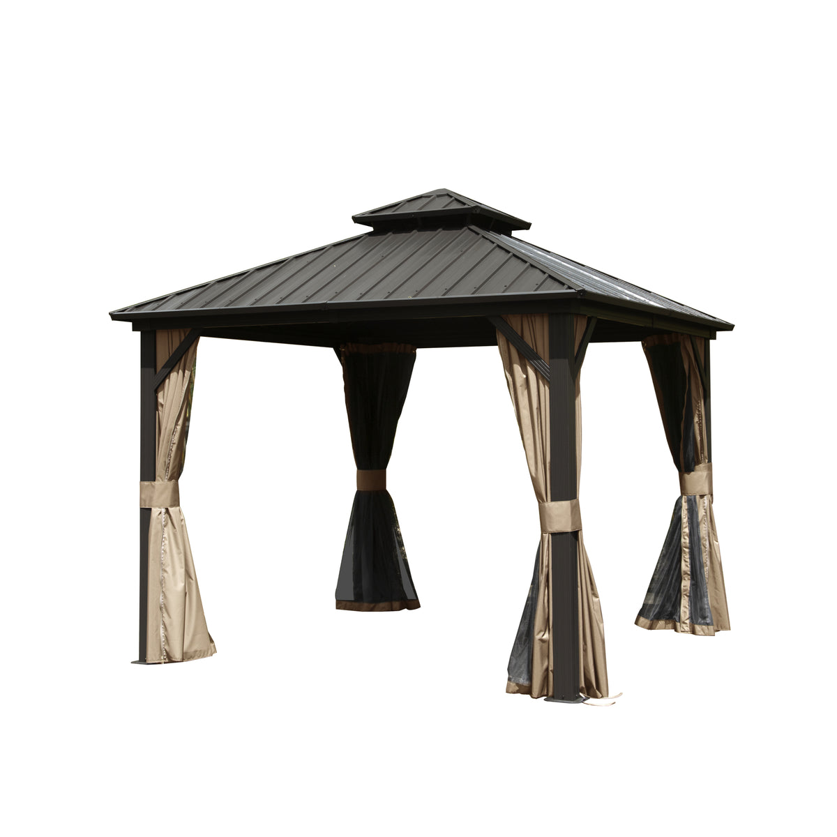 10' X 10' Hardtop Gazebo, Aluminum Metal Gazebo With Galvanized Steel Double Roof Canopy, Curtain And Netting, Permanent Gazebo Pavilion For Party, Wedding, Outdoor Dining, Brown Brown Aluminum