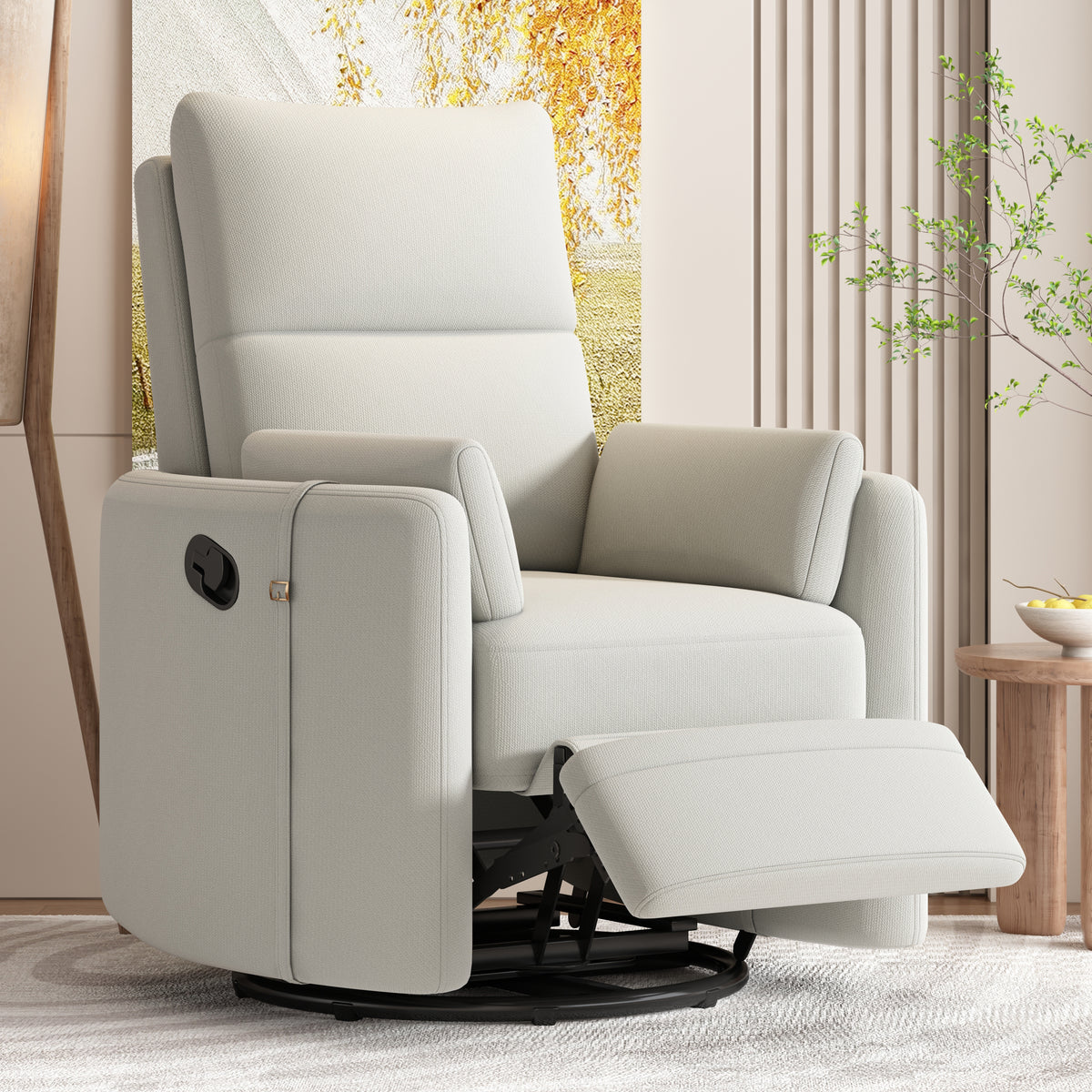 Upholstered Swivel Recliner Manual Rocker Recliner Chair Baby Nursery Chair With Two Removable Pillows For Living Room, Beige Beige Foam Linen