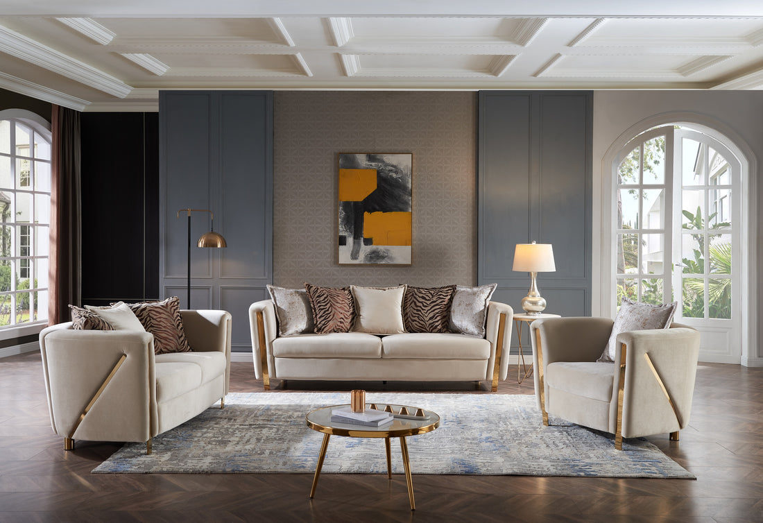 Thick Velvet Fabric Upholstered 3Pc Living Room Set Made With Wood In Beige Beige Velvet Wood Primary Living Space Soft Cushion Back Contemporary,Modern Solid Wood Mdf Wood 6 Seat